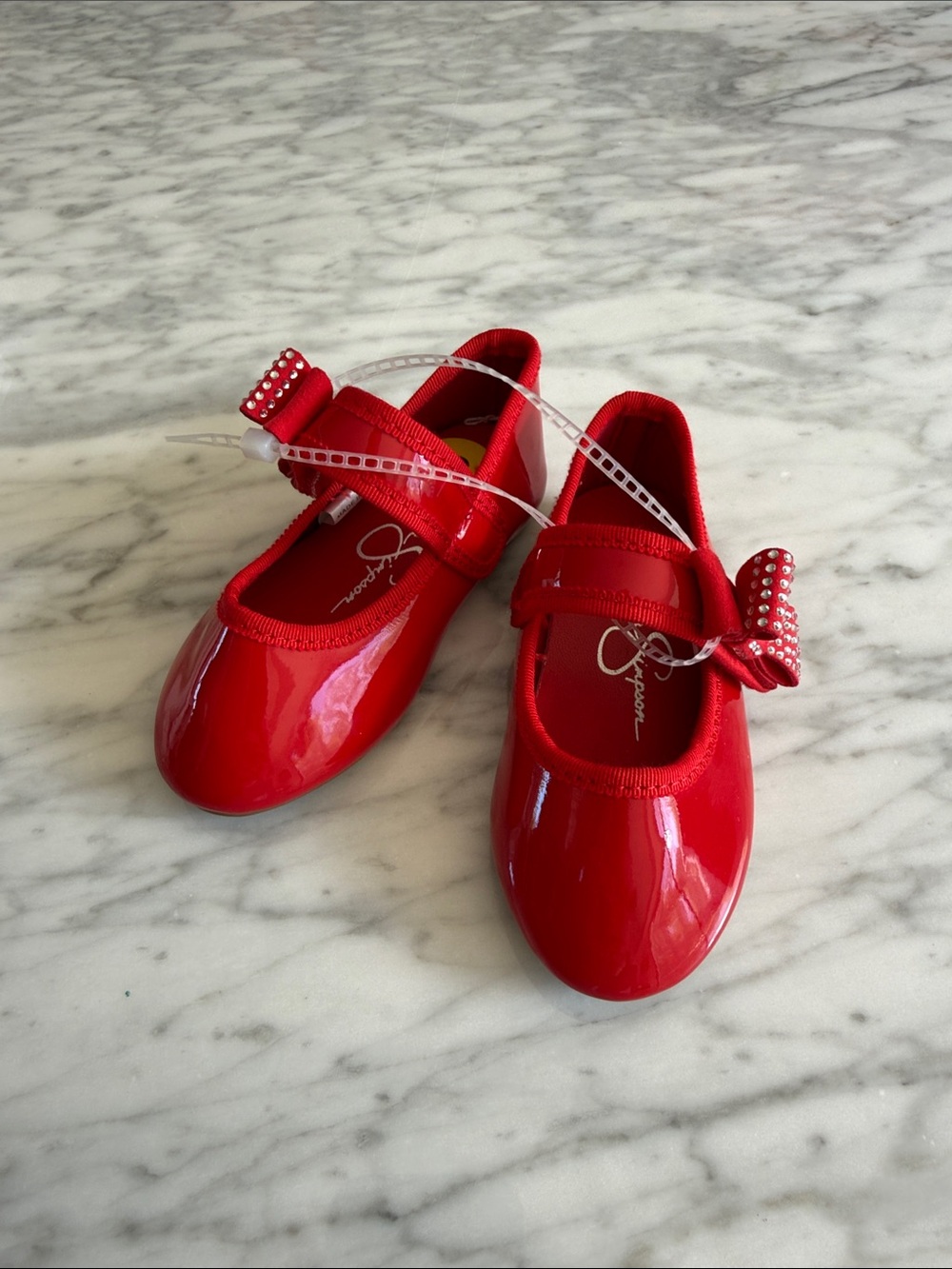 Jessica Simpson Girls Red Patent Mary Janes with Rhinestone Bow Accent